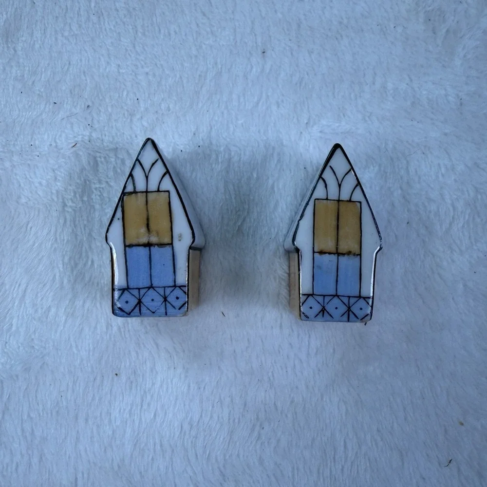 Vintage Mini Ceramic House Salt Pepper Shakers Blue Yellow Cottage MCM Set